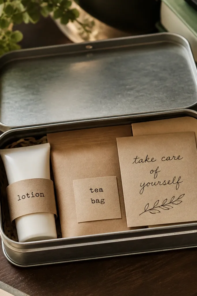 A small metal tin open to show labeled paper packets inside, including a tiny lotion, tea bag, and a hand-written card, photographed on a desk with warm light.