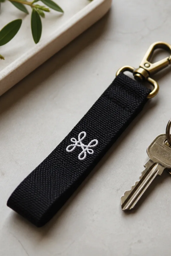 A key fob made from black webbing with a small embroidered monogram in white thread, plus a brass clasp, photographed next to a keyring.