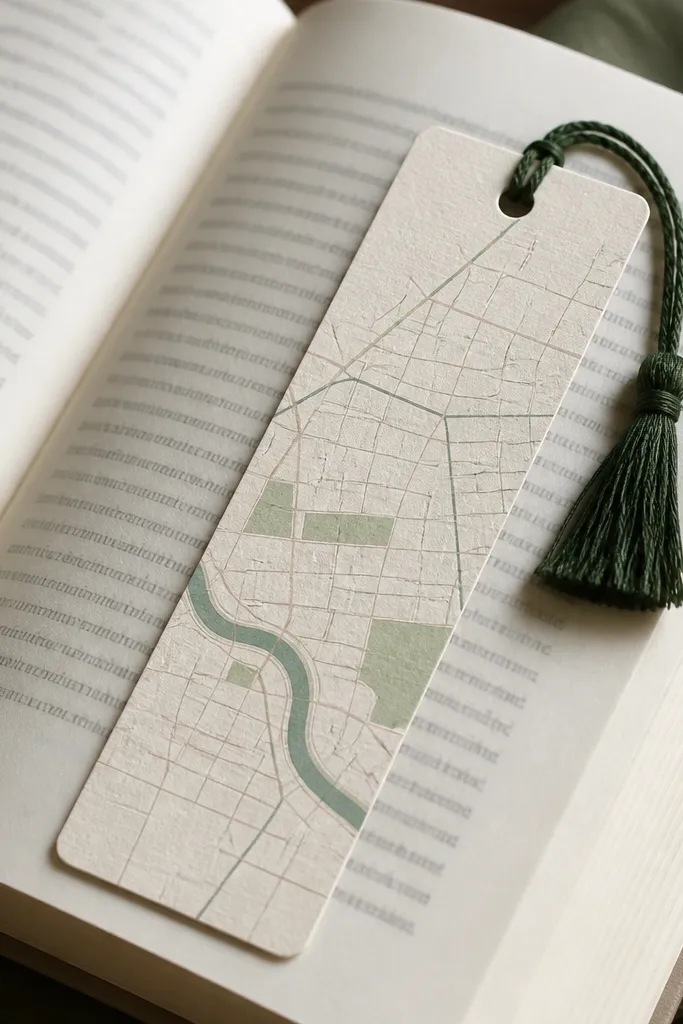 A bookmark made from thick paper showing a simplified street map, with a waxed twine tassel in deep green and a small handwritten date in the corner, photographed in a book.