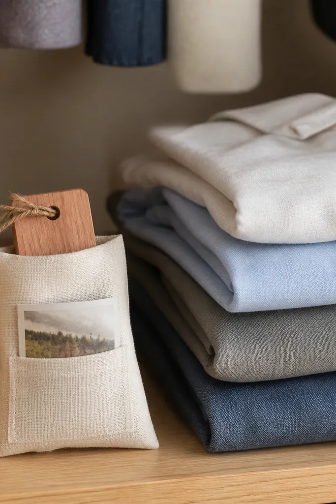 A small cedar wood sachet bag with a stitched fabric pocket containing a folded photo tag, shown next to folded shirts in a closet shelf.