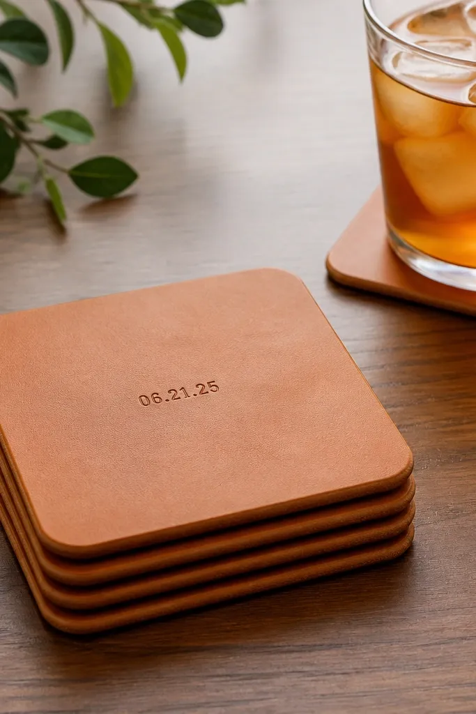Four square leather coasters in tan leather with rounded edges, each with a small stamped date in the center, stacked on a wooden table with a glass of iced tea.