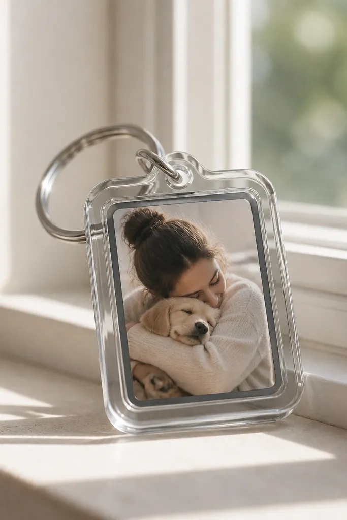 A clear acrylic keychain charm with rounded corners, showing a small photo inside a layered frame, attached to a split ring, photographed on a window ledge.
