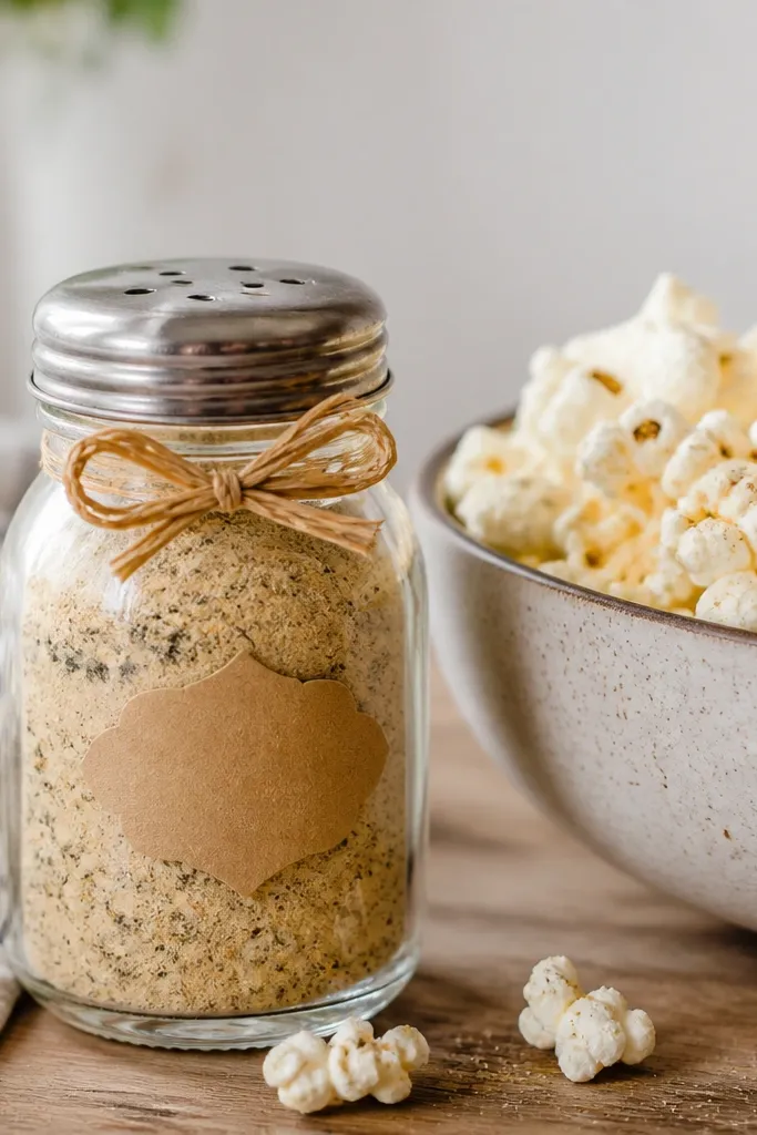 A small glass shaker jar filled with a beige popcorn seasoning blend, with a hand-labeled kraft sticker and a ribbon tied around the neck, shown next to a bowl of popcorn.