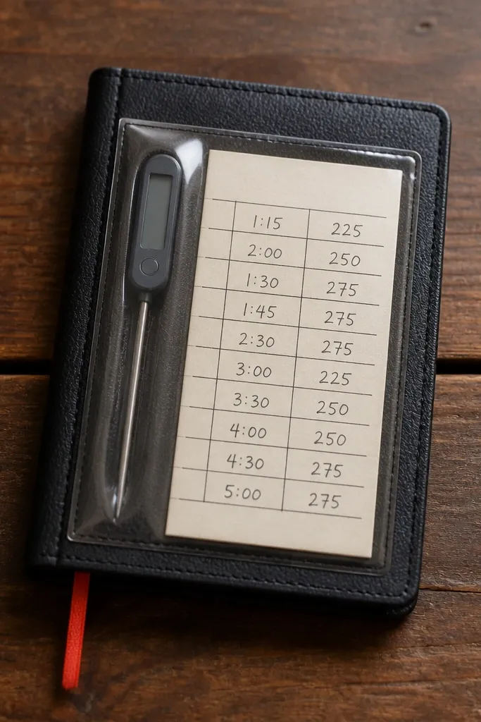 A small black stitched notebook with a clear vinyl pocket on the front holding a slim digital grilling thermometer, with a hand-written grid of cook times and temperatures on cream paper, and a red thread bookmark sticking out.