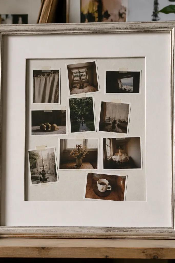 A DIY photo collage on a shelf: multiple small prints taped behind uneven margins, with a chunky frame that looks too big for the shelf and cluttered background clutter visible around it.