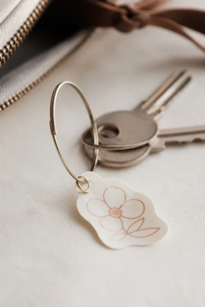 A small DIY keychain with thin hardware and a flat charm; the charm bends slightly, and the ring looks flimsy. The background shows keys and a bag zipper.