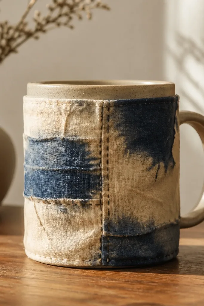 A fabric wrap around a mug with visible seams and dye bleeding at the edges; the surface looks slightly tacky and uneven under warm light.