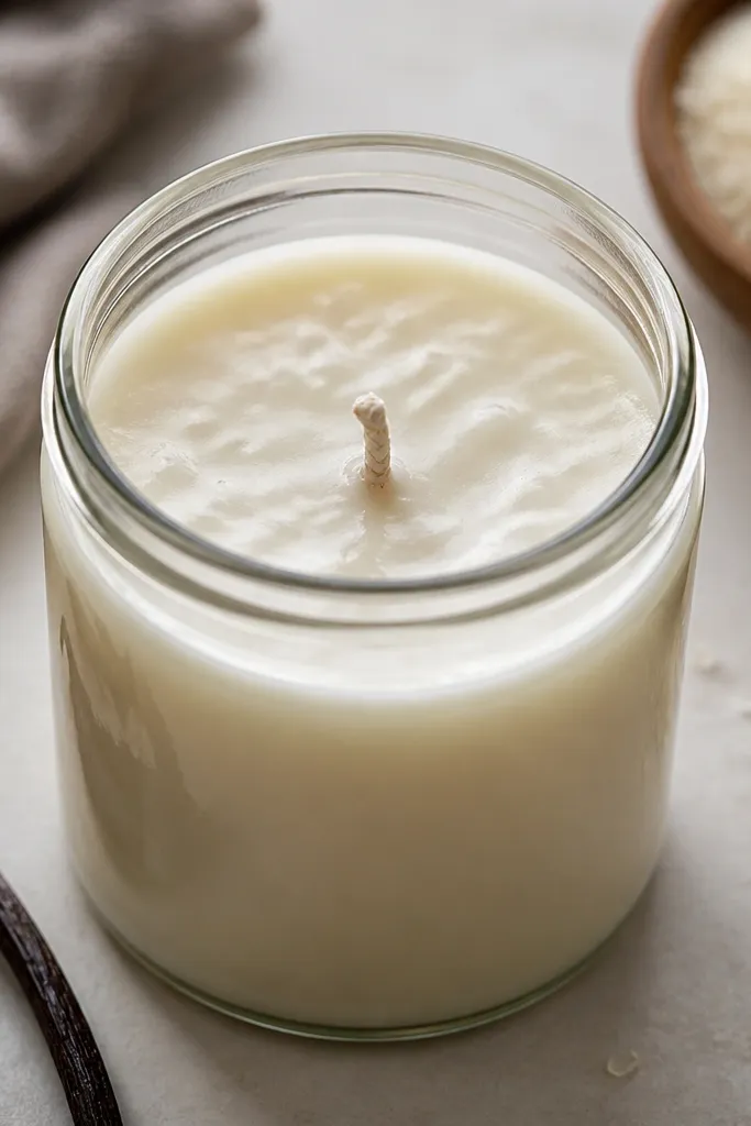 A DIY candle with a heavy vanilla-sugar label and a thick wick; the jar looks glossy and the wax top has small bubbles and uneven surface.