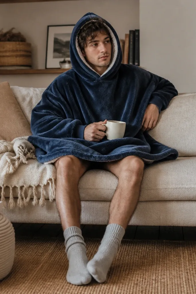 A hoodie blanket laid on a couch: the sleeves bunch up, and the front opening sits too high, leaving his legs uncovered; fabric looks thin and stretches oddly.