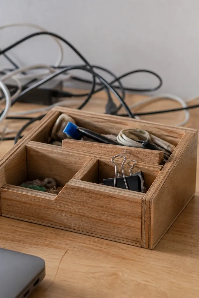 A handmade desk organizer with small compartments and no cable routing; items sit crooked and there's no space for a phone or pens, with cords tangled in the background.
