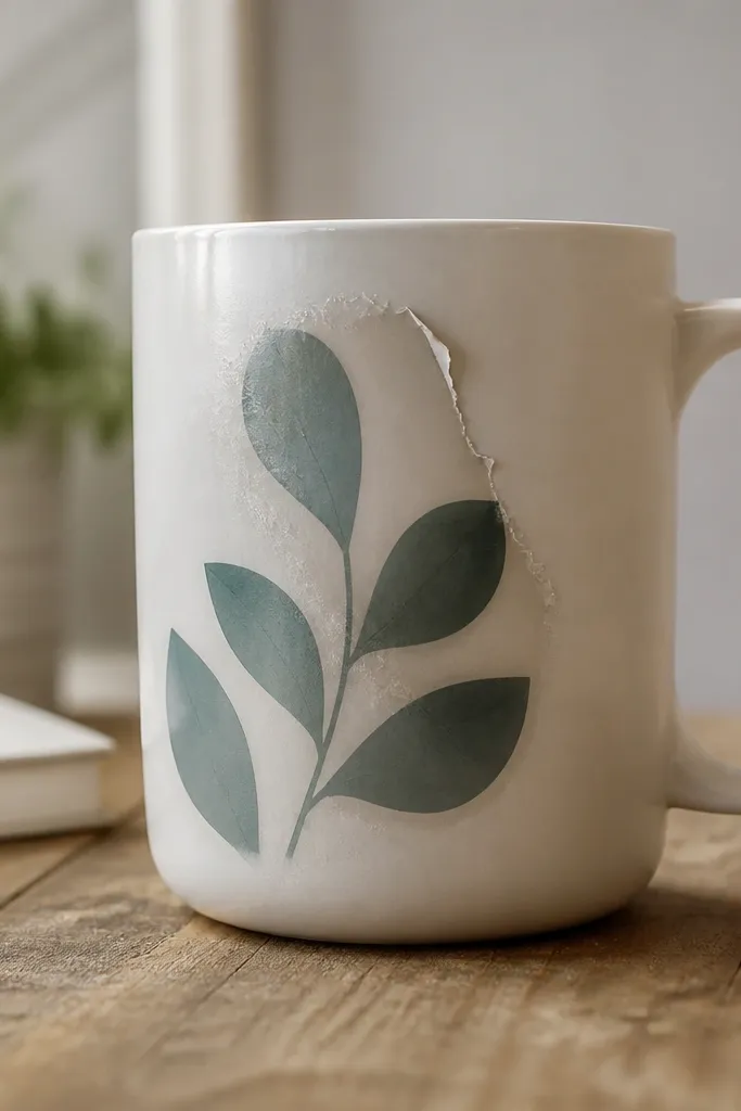 A DIY mug with a vinyl design that has peeled edges and a slightly rough outline where the sticker lifted; the mug surface looks cloudy near the design.