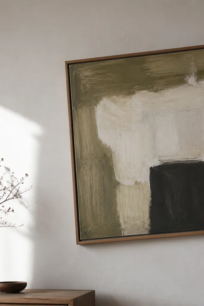 A DIY wall piece with uneven paint strokes, visible brush marks, and a crooked frame hanging slightly off-level; the background includes a neutral wall with glare.