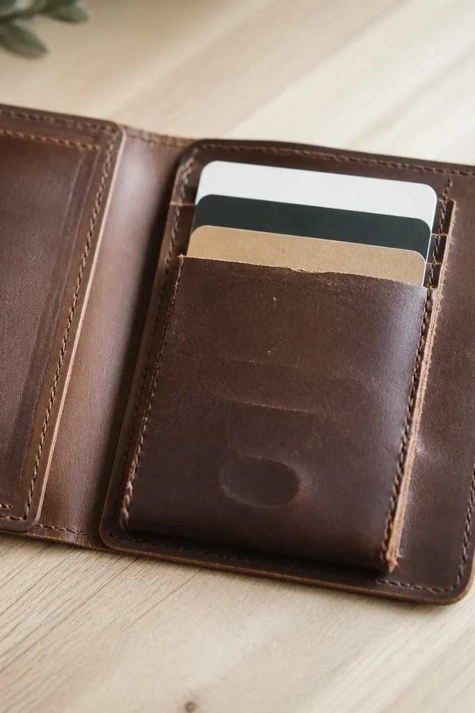 A DIY wallet insert card holder with cards sitting too tight; edges are uneven and the insert bulges, with visible imprint marks and a rough cut line.