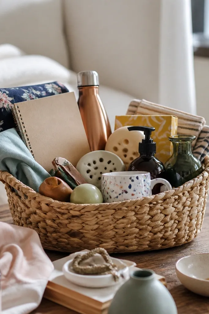 A DIY-style gift basket with assorted items and a mix of themes; the packaging looks mismatched and a lot of items are unused clutter on a coffee table.