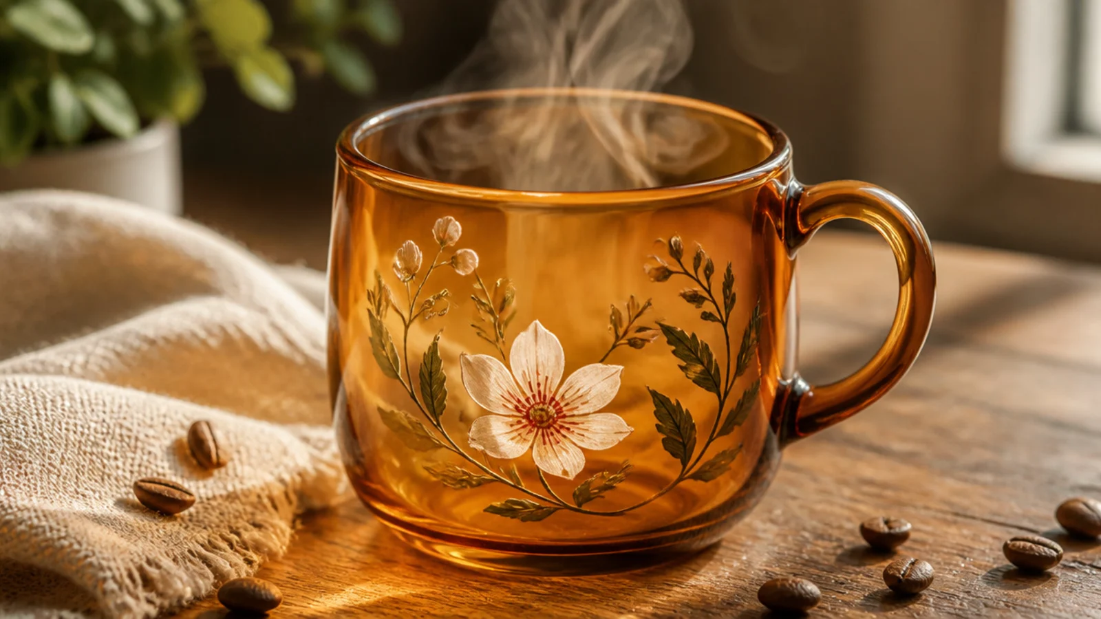 A clear glass mug with an even sheer amber tint over the whole body, letting light glow through.