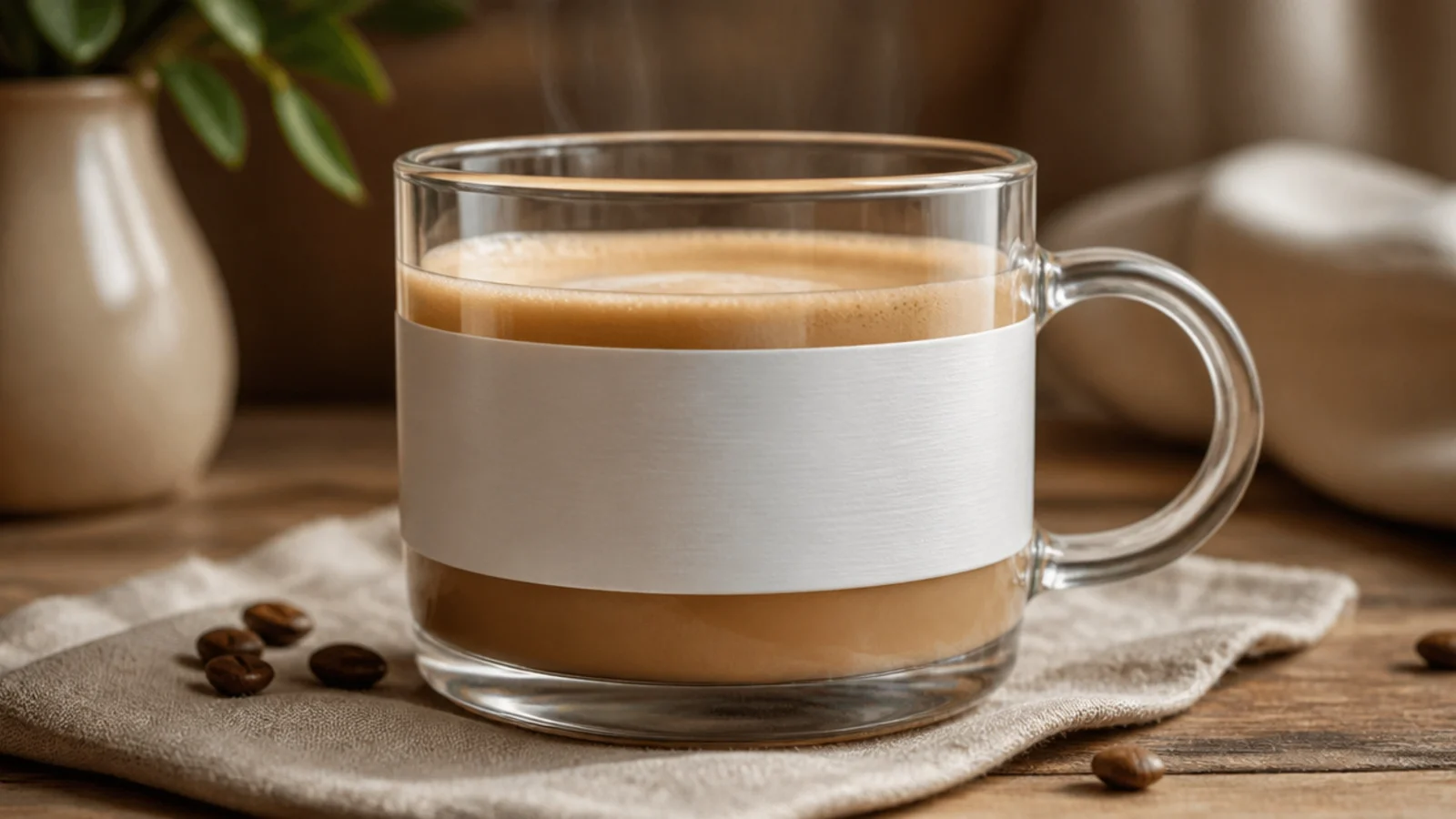 A clear glass mug with a wide frosted-white band around the middle and clear glass above and below.