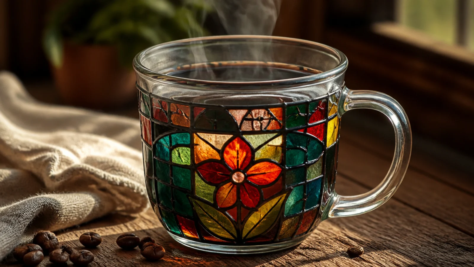 A clear glass mug with black-outlined panels filled in translucent jewel tones like a stained-glass window.