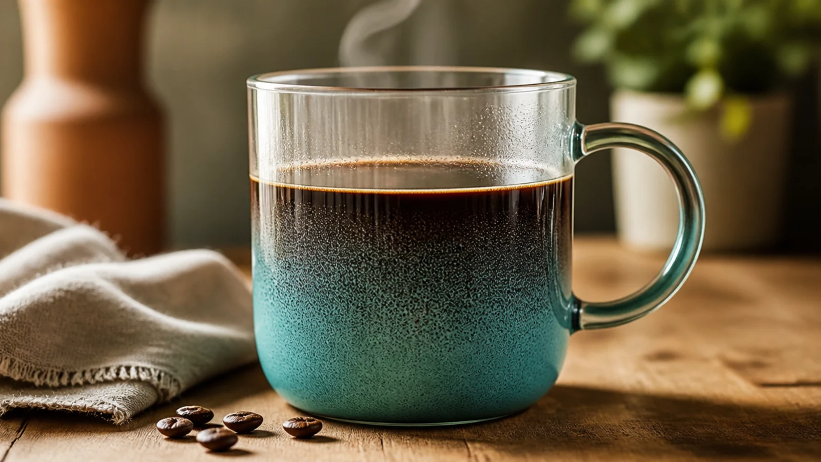 A clear glass mug with the bottom third painted a solid teal, the color fading up into clear glass.