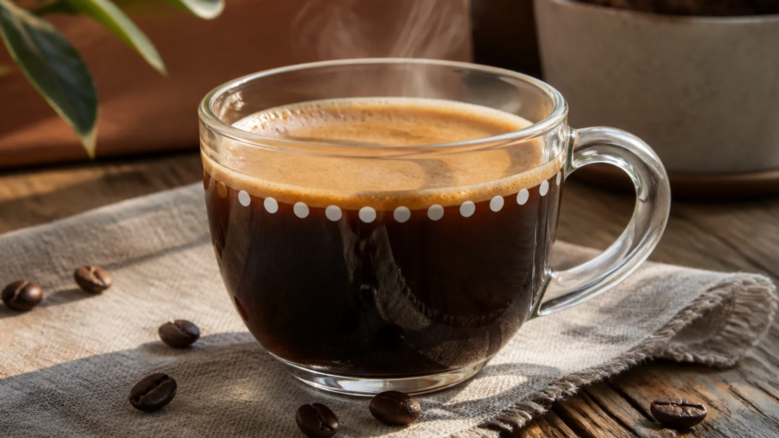 A clear glass mug with a single row of evenly spaced white dots running around the body below the rim.