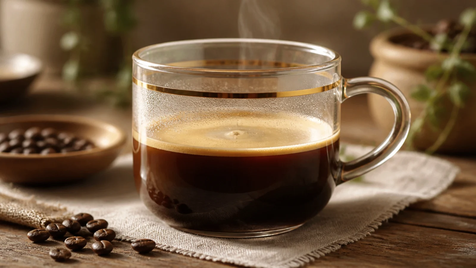 A clear glass mug with a thin metallic gold line painted a half-inch below the rim, running all the way around.