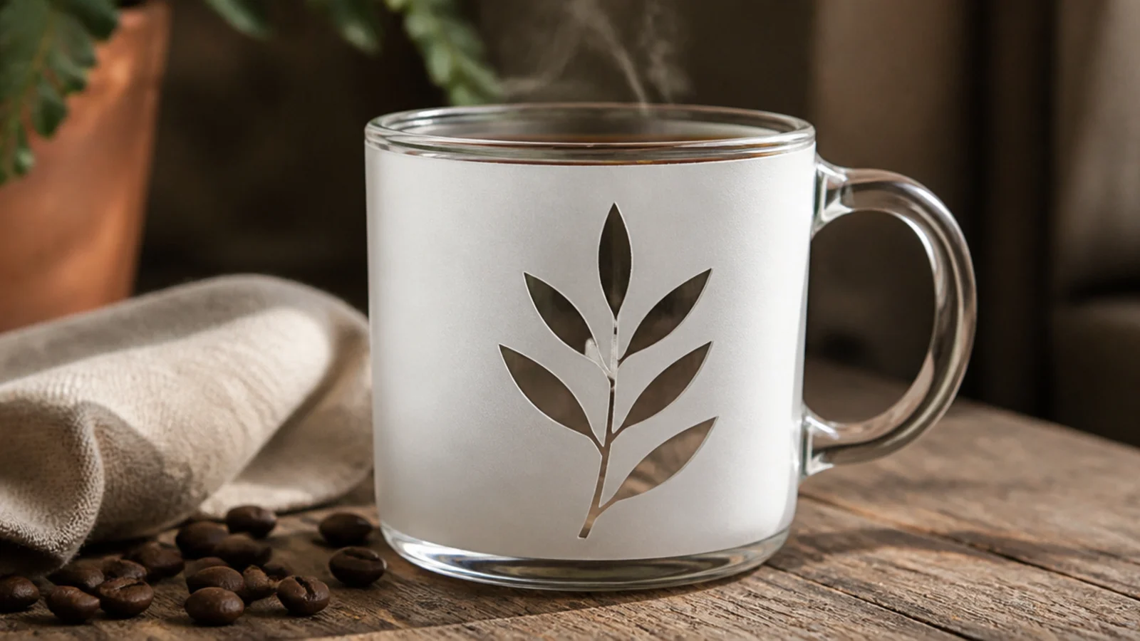 A clear glass mug with a frosted-white background and a clear leaf silhouette left unpainted, so the leaf shows as clear glass.