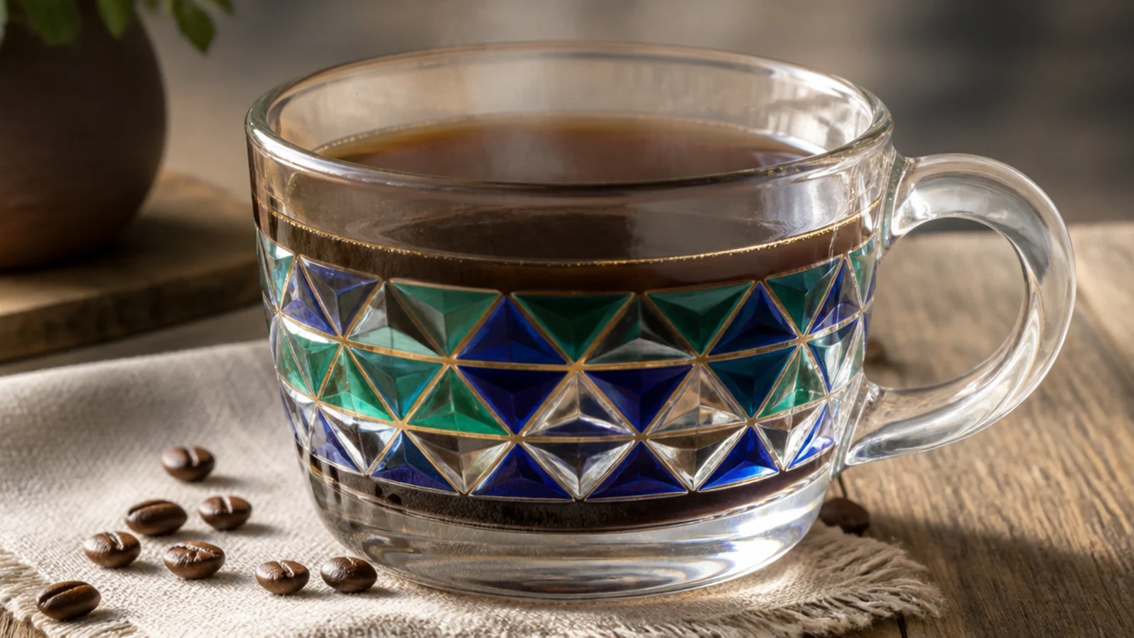 A clear glass mug with a band of translucent triangular facets in blue and green, like cut crystal.