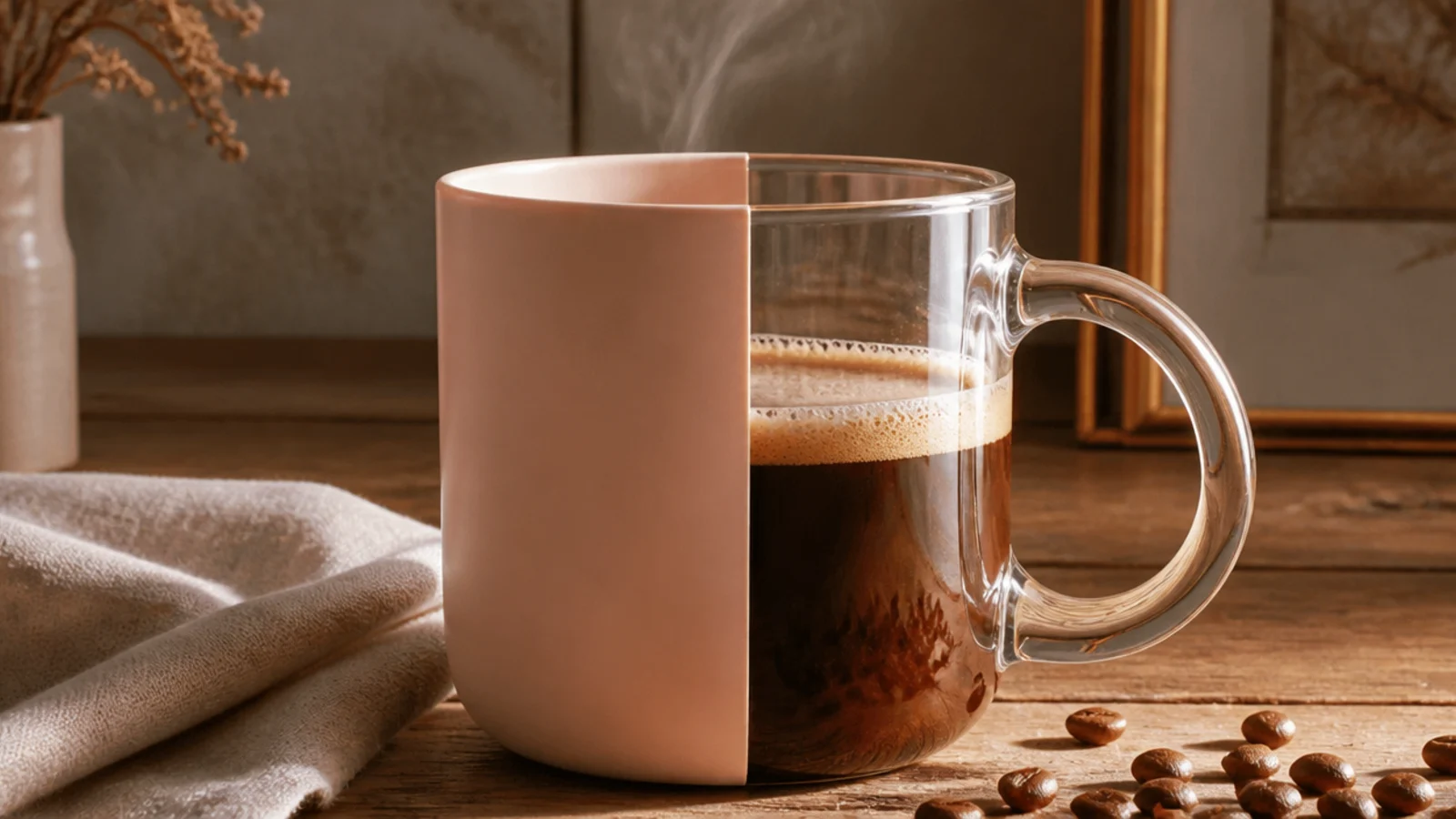 A clear glass mug with one vertical half painted opaque blush and the other half left clear.