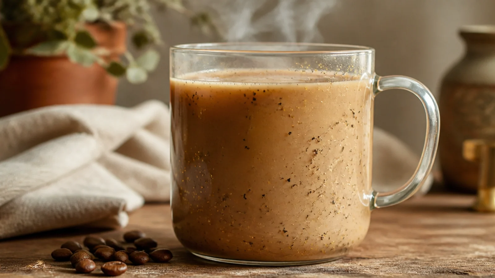 A clear glass mug flecked with fine scattered black and gold speckles across the body.