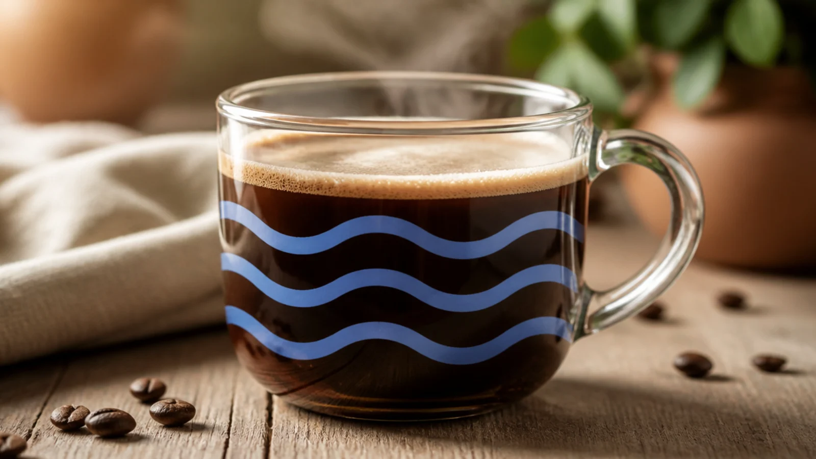 A clear glass mug with three horizontal wavy lines in translucent blue wrapping around the body.