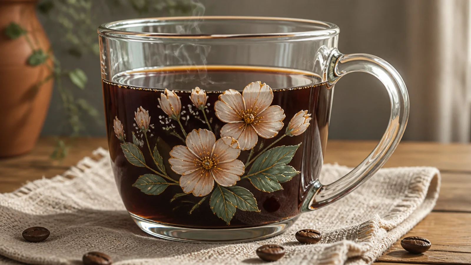 A clear glass mug with a small cluster of translucent painted flowers and green leaves on one side.