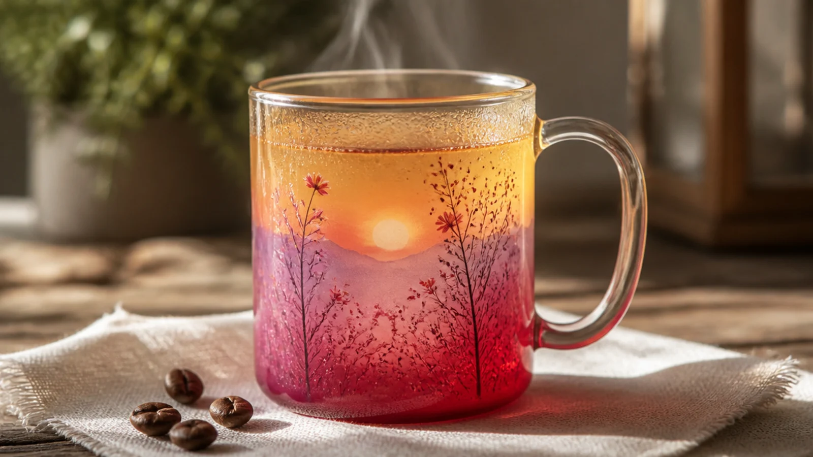 A clear glass mug with a translucent sunset ombre, deep pink at the base fading to pale amber near the top.