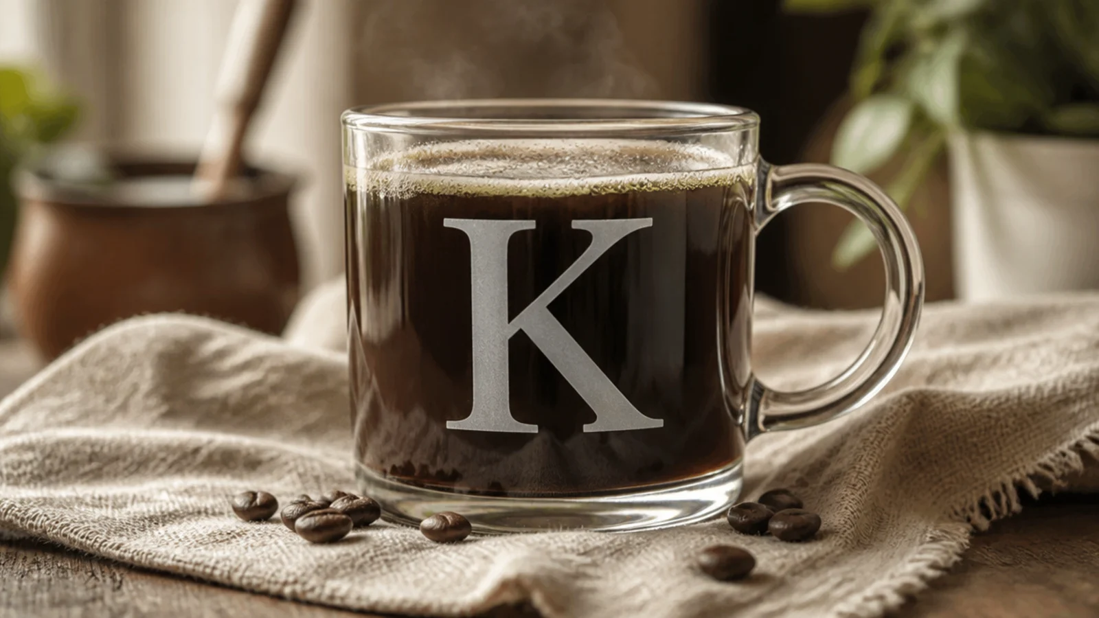 A clear glass mug with a single large frosted-white serif initial centered on the front.