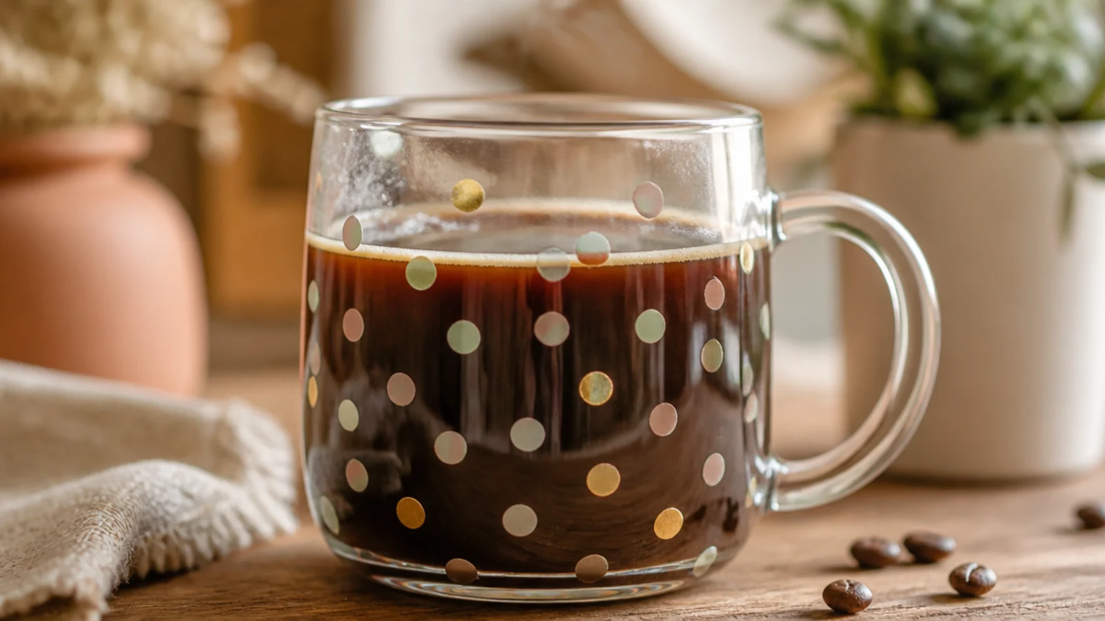 A clear glass mug scattered with small opaque dots in blush, sage, and gold like festive confetti.