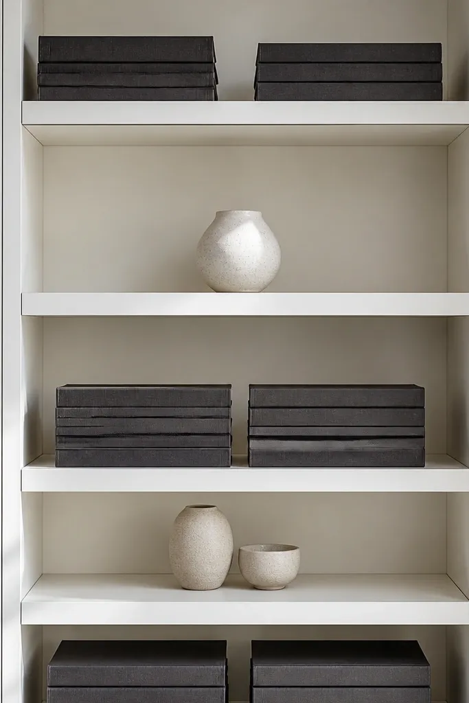 White built-in shelves with a thin dark gap and charcoal books arranged in stacks