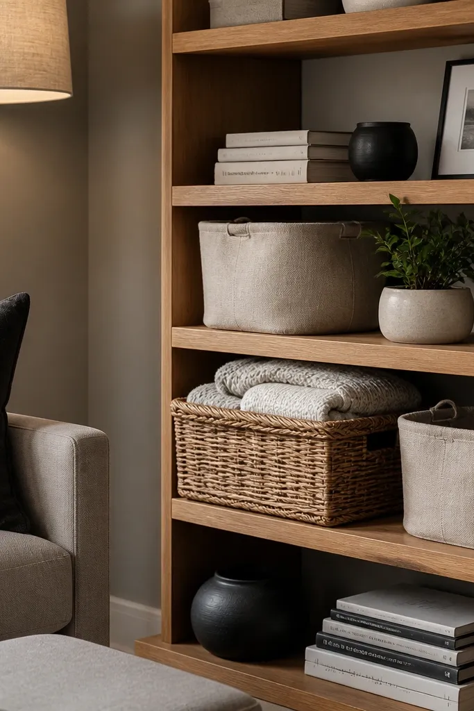 Oak built-in shelves with linen baskets and small black framed photos