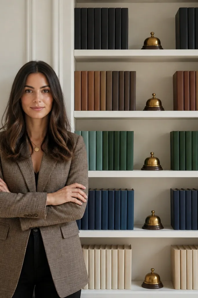 Built-in shelves with symmetrical book stacks and one brass sculpture on each shelf