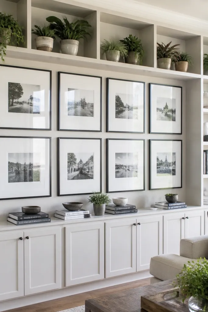 Built-in shelves with framed photos in a grid and a small plant on the top shelf