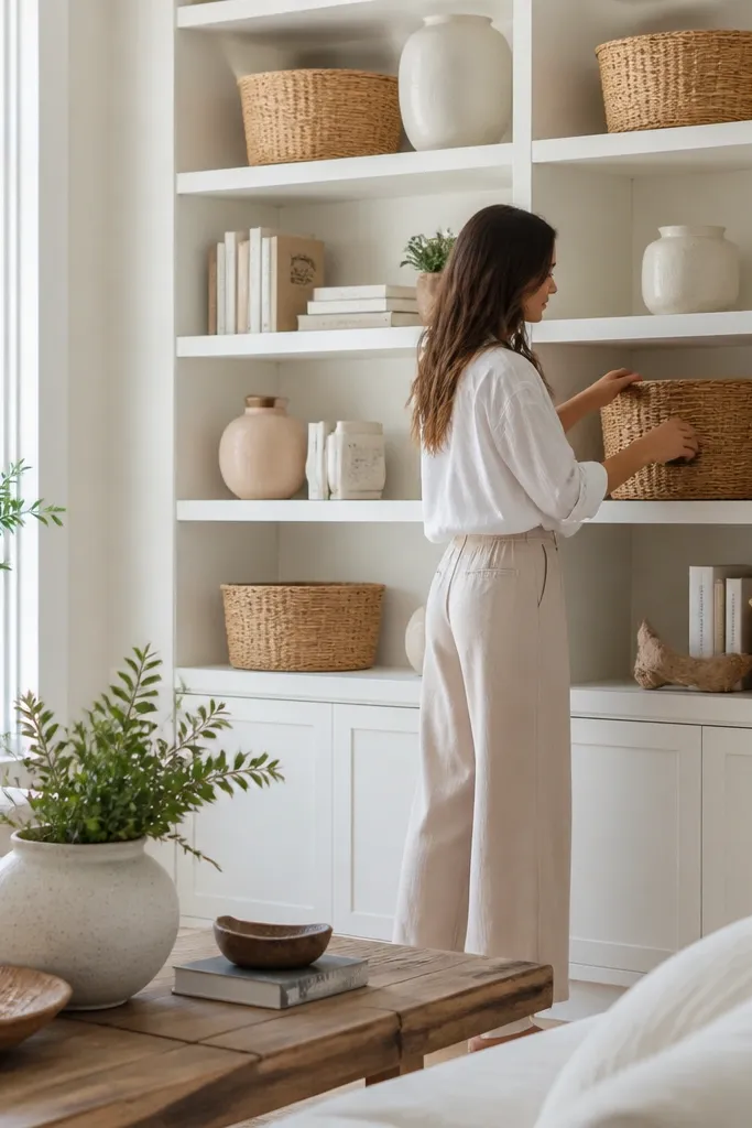 Built-in shelves with rattan baskets, white ceramics, and stacked books