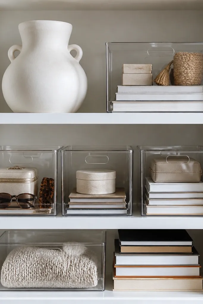 Built-in shelves with clear organizers holding items and neatly stacked books