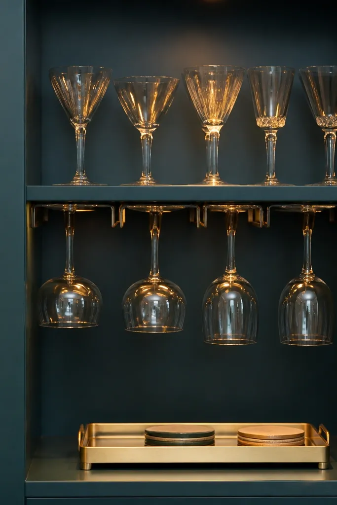 Built-in shelves styled like a bar with wine glasses and a painted back panel