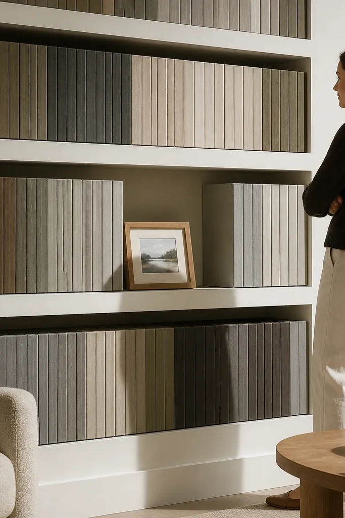 Built-in shelves with thin trim lines and books aligned by spine width