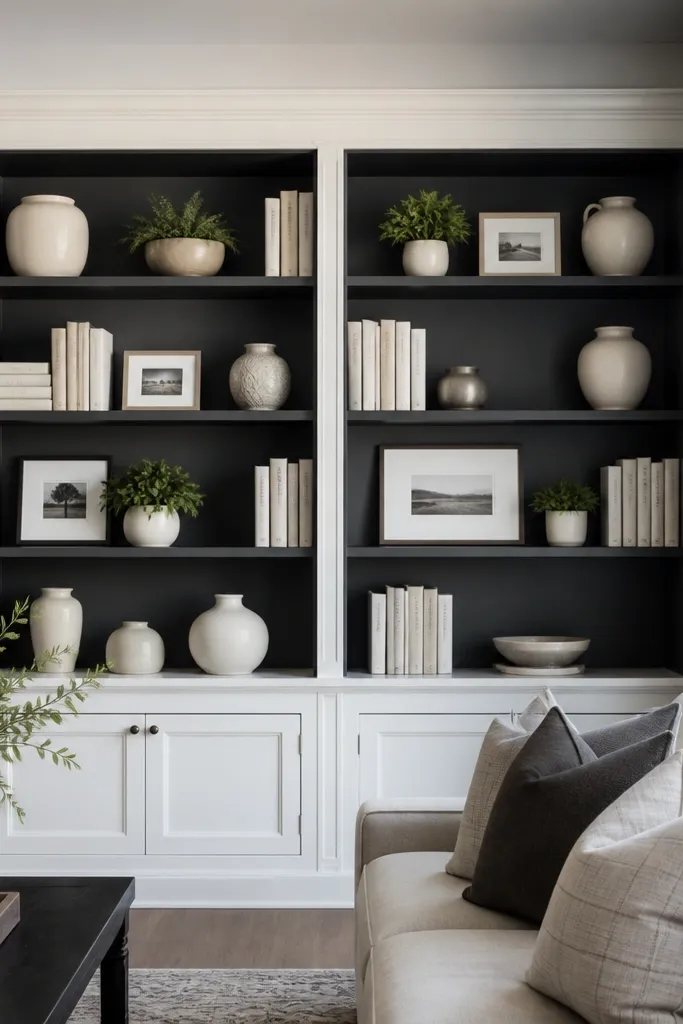 Built-in shelves painted light outside and dark inside with light decor objects
