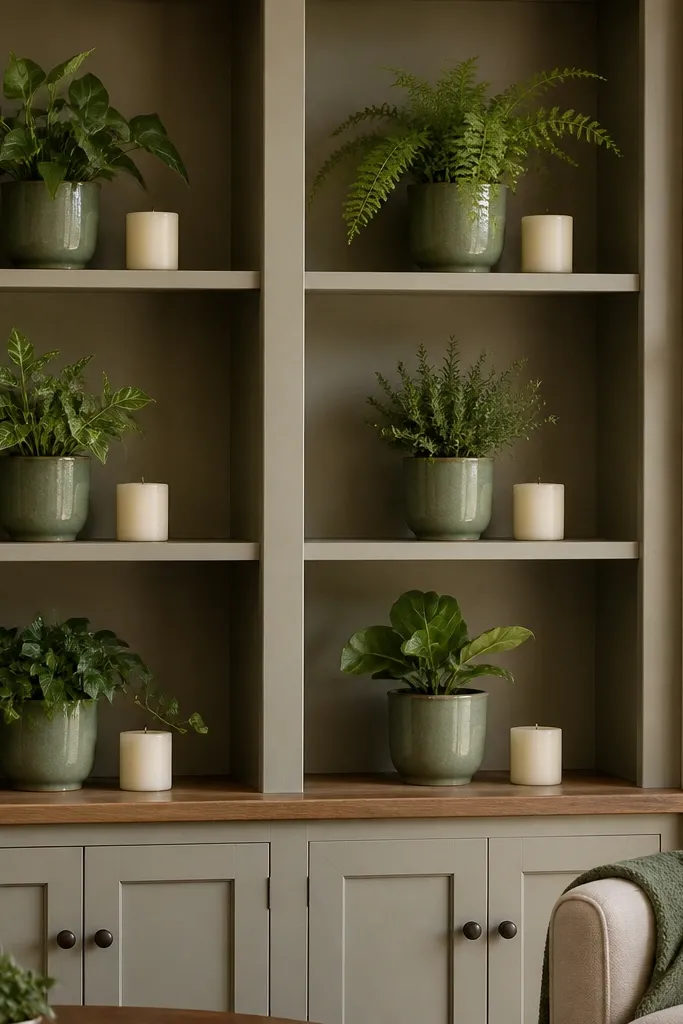 Built-in shelves with matching green plants and ceramic planters