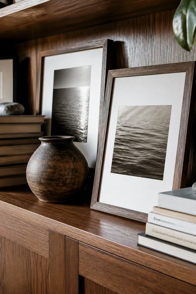 Built-in shelves with wood frames and stacked art books in warm tones