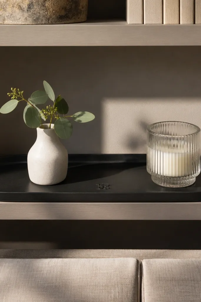 Built-in shelves with small trays holding candles, a vase, and minimal objects