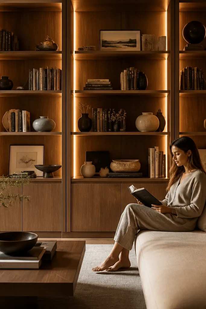 Built-in shelves with warm LED lighting showing book spines and ceramics