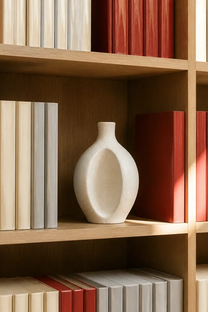 Built-in shelves with color-blocked book stacks and one neutral sculpture per shelf