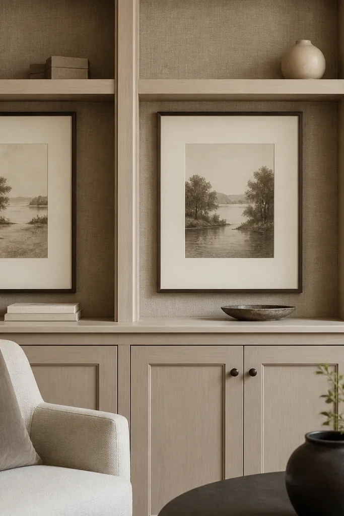 Built-in shelves with fabric back panels and framed prints behind glass
