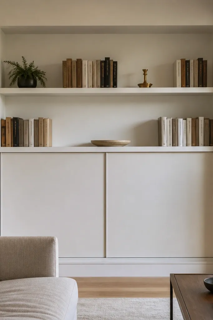 Built-in shelves with sliding doors for storage and styled open shelves above