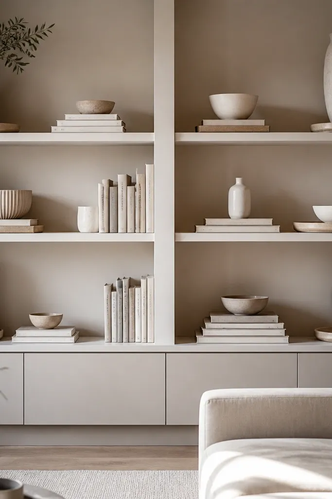 Built-in shelves with neutral decor, a layered tray, and tall vases in corners